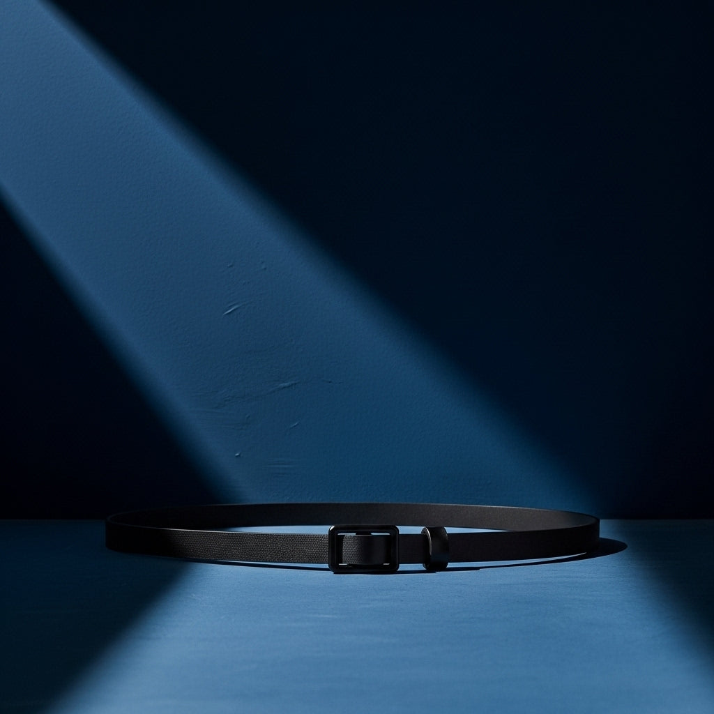 Ceinture Adélaïde fine en cuir pleine fleur de vachette noire avec boucle rectangulaire assortie, présentée sur un fond bleu avec un éclairage dramatique #fullwidth
