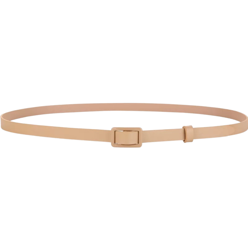 Ceinture Adélaïde fine en cuir beige avec boucle rectangulaire assortie.