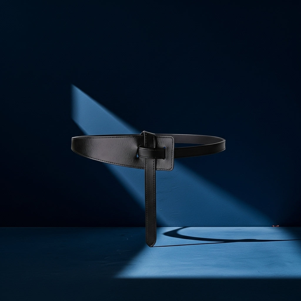 Ceinture Adèle noire en cuir refendu, design minimaliste avec système de nouage sans trou, largeur progressive de 6 cm à 1.8 cm. #fullwidth