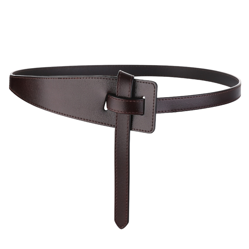 Ceinture Adèle en cuir refendu marron foncé, design minimaliste avec système de nouage sans trou et boucle ton sur ton.