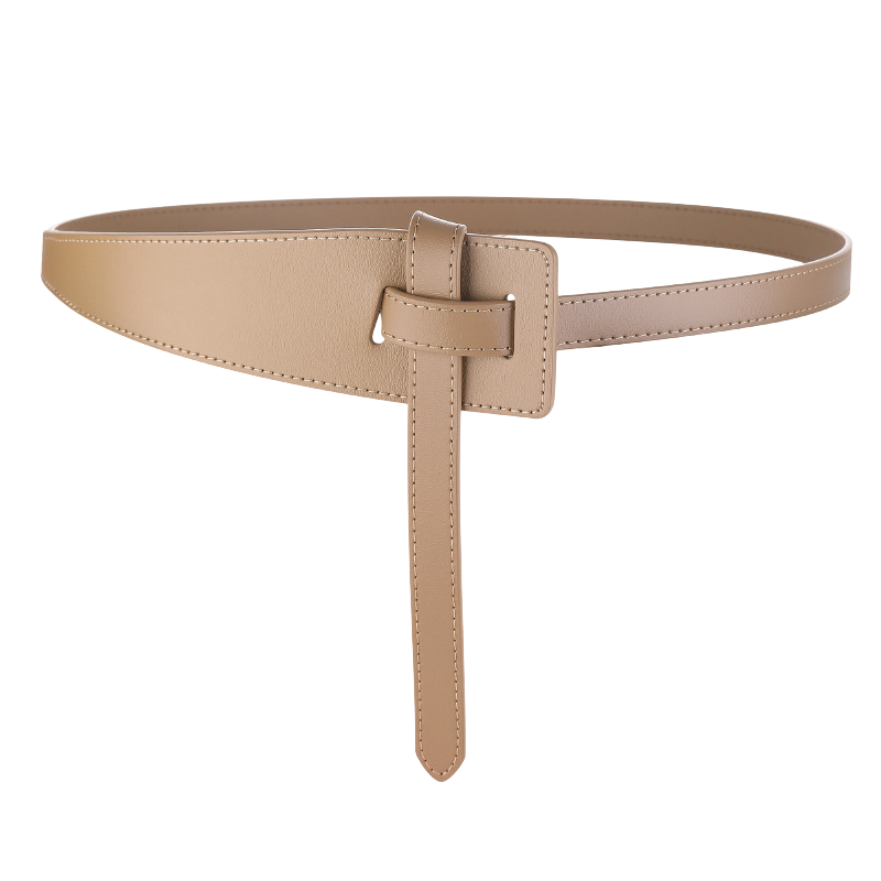 Ceinture Adèle beige en cuir refendu, avec une boucle carrée et une lanière qui se noue sans trou, finition lisse et uniforme.