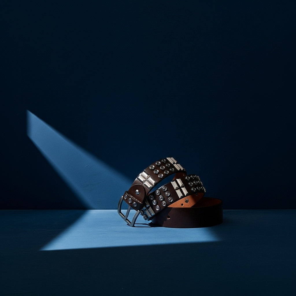 Ceinture homme Adrien en cuir marron clouté avec une boucle ardillon argentée, style rock. #fullwidth