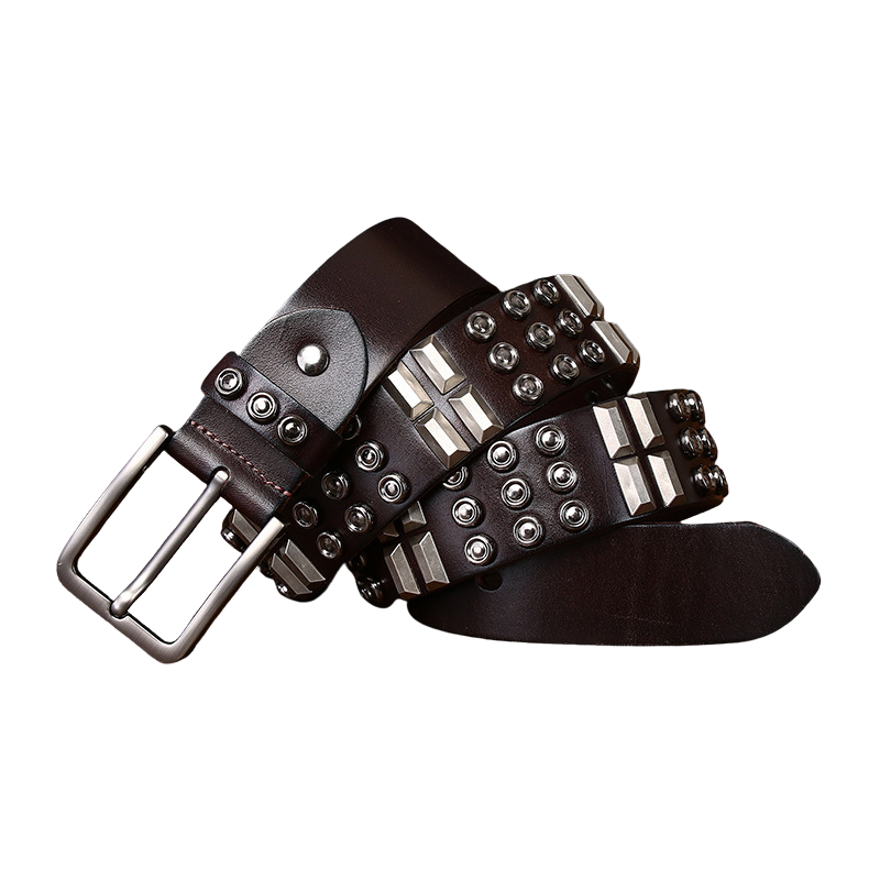 Ceinture homme Adrien marron foncée en cuir clouté avec boucle rectangulaire argentée.
