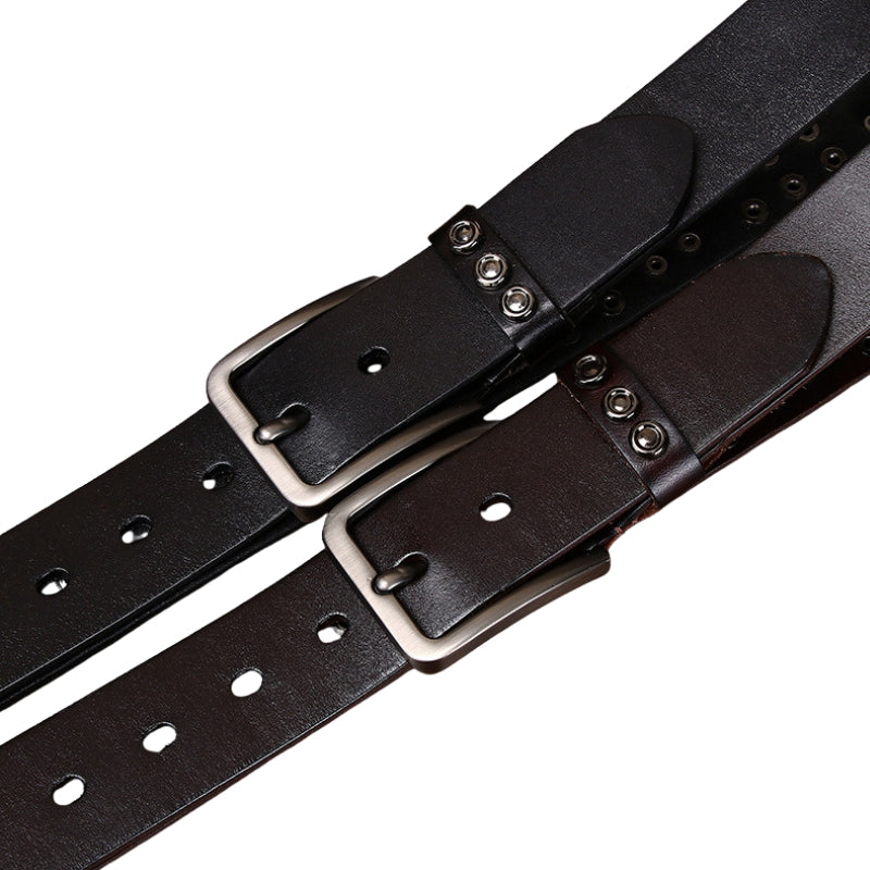Ceinture Adrien noire et marron en cuir avec boucle rectangulaire et clous métalliques