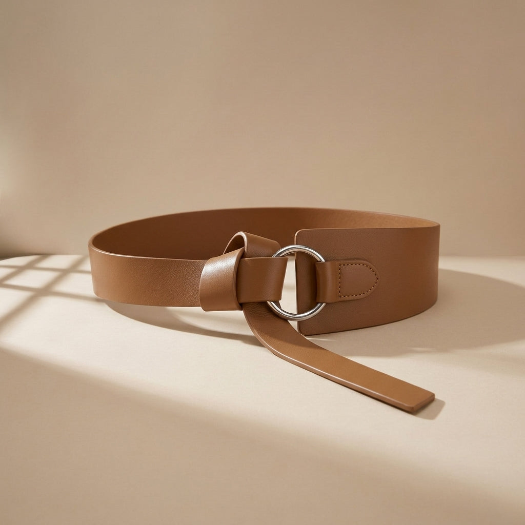 Ceinture serre-taille large Elvire en cuir de vachette marron lisse avec anneau métallique argenté pour un nouage élégant @fullwidth
