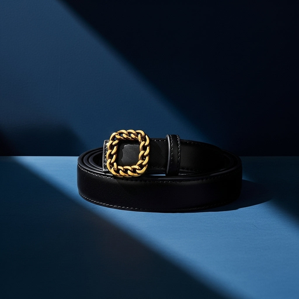 Ceinture noire pour femme Aigue-Marine avec boucle décorative en forme de chaîne carrée dorée, sans fermeture classique. #fullwidth
