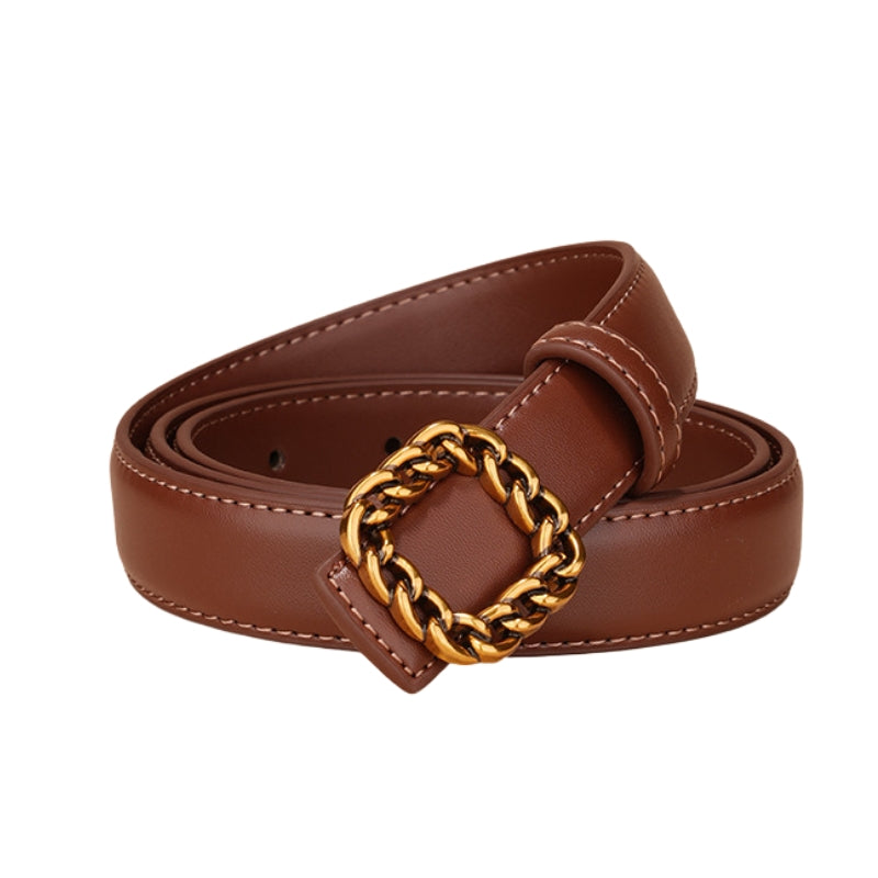 Ceinture Aigue-Marine marron pour femme en cuir avec une boucle décorative carrée en métal doré et une finition lisse, style rétro chic.
