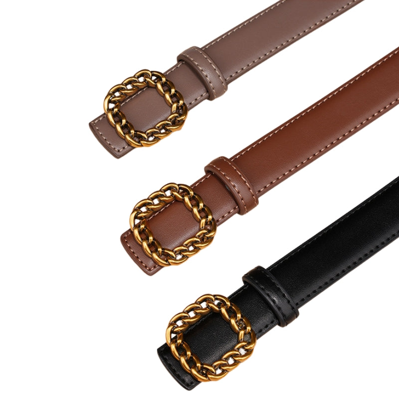 Trois ceintures pour femme Aigue-Marine en cuir lisse, disponibles en taupe, marron et noir, ornées d'une boucle carrée décorative en métal doré style chaîne.