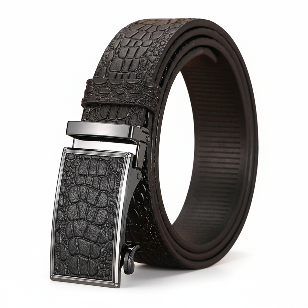 Ceinture Alban 1 noire pour homme, en cuir pleine fleur avec effet crocodile embossé et boucle automatique rectangulaire.