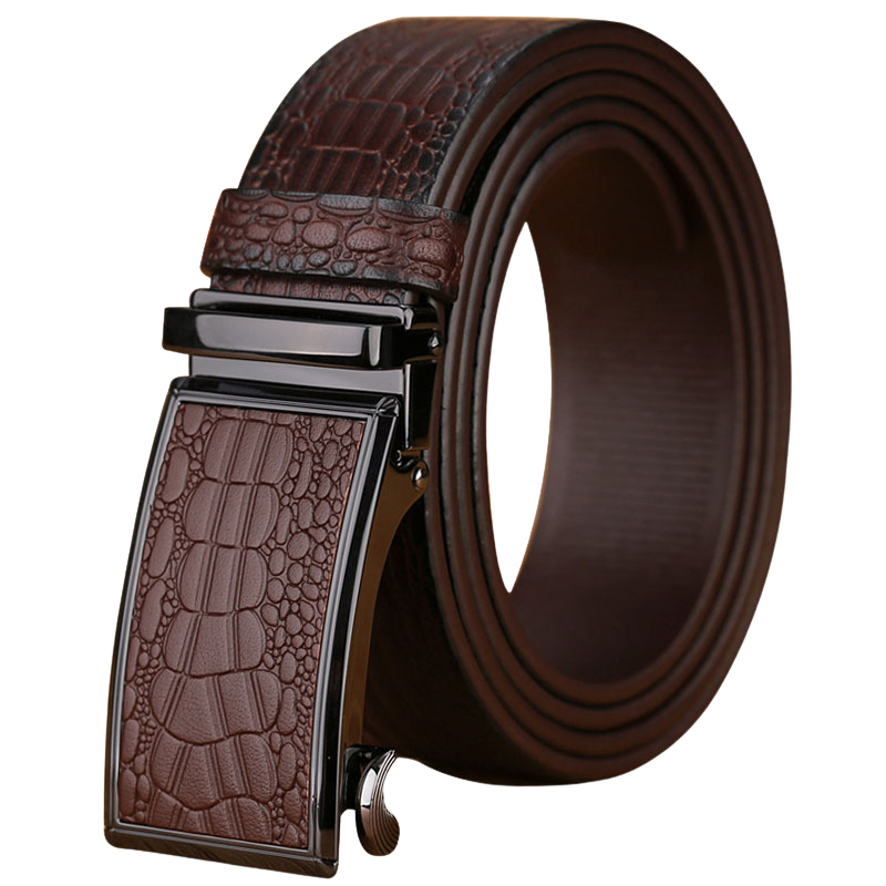 Ceinture Alban 1 homme en cuir marron avec motif crocodile embossé et boucle automatique rectangulaire en alliage.