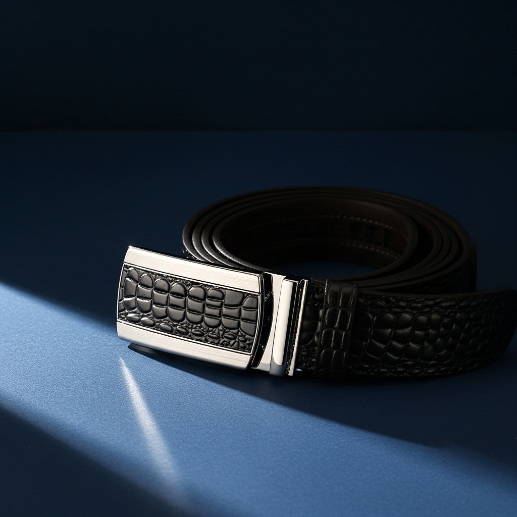 Ceinture Alban 2 noire pour homme et femme en cuir pleine fleur avec boucle automatique rectangulaire et effet crocodile embossé sur fond bleu #fullwidth