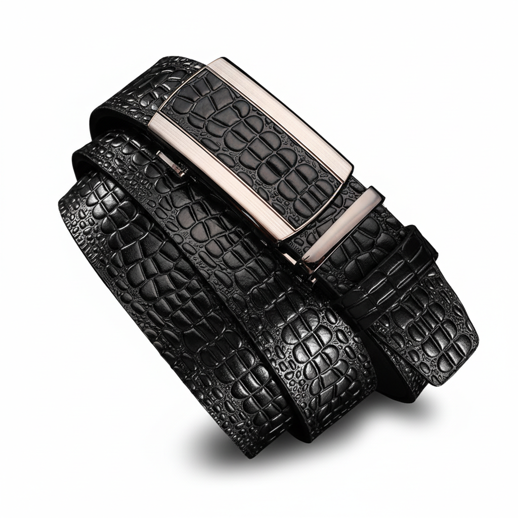 Ceinture pour homme Alban 2 en cuir noir avec motif crocodile embossé et boucle automatique rectangulaire.