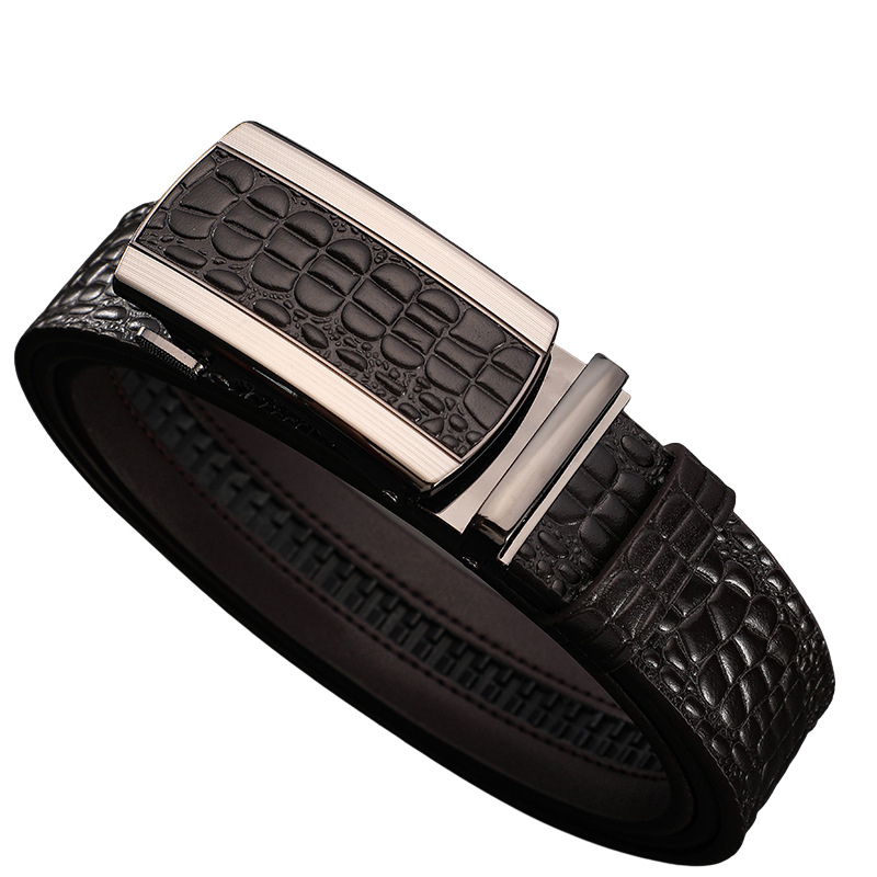 Ceinture Alban 2 homme en cuir grainé effet crocodile couleur café avec boucle automatique rectangulaire argentée.