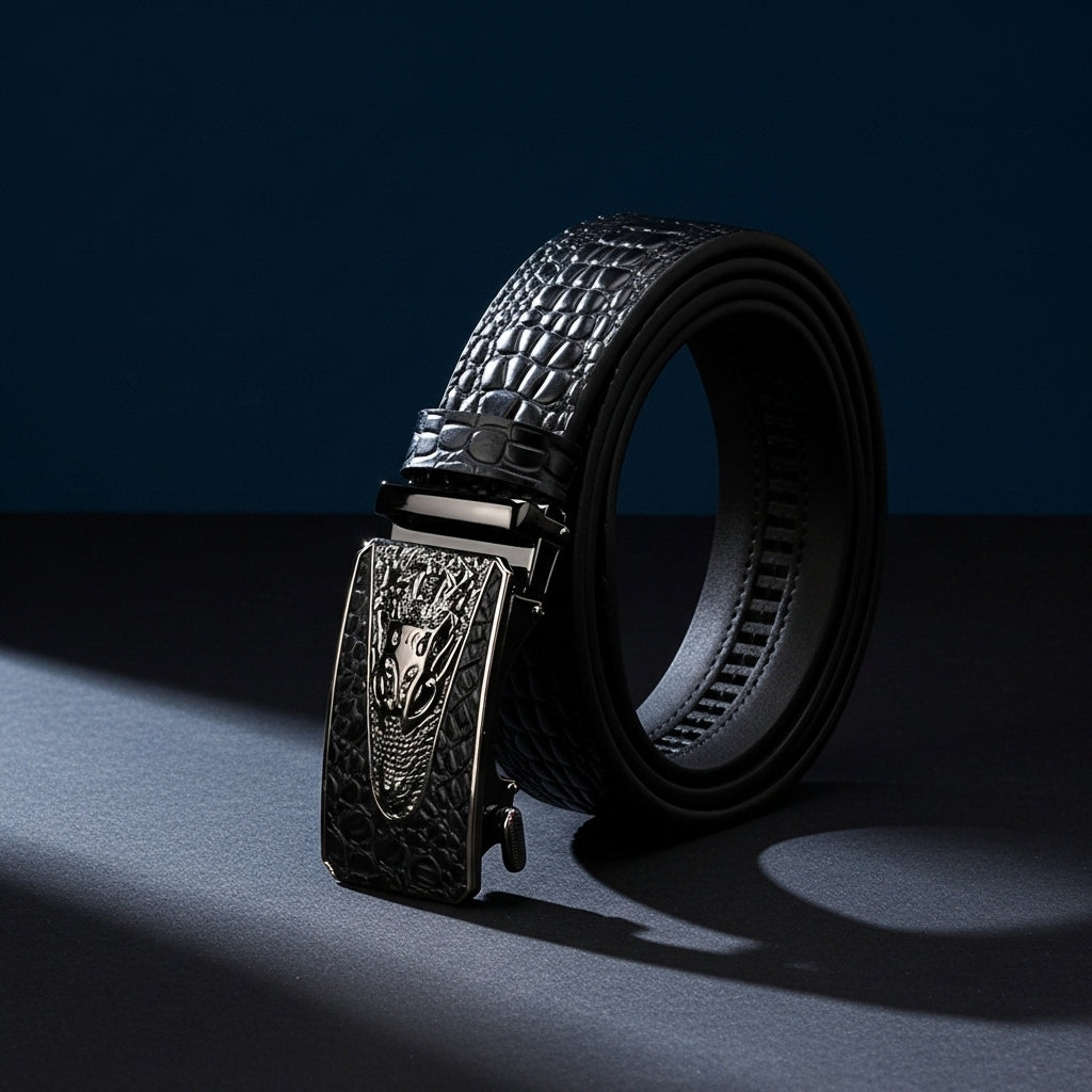 Ceinture Alban 3 noire en cuir pleine fleur avec motif crocodile embossé et boucle automatique rectangulaire ornée d'une tête de crocodile.