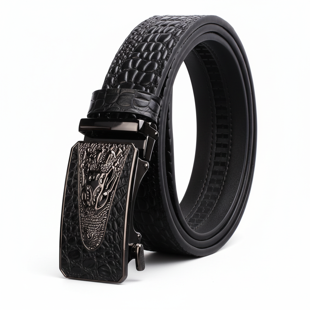 Ceinture Alban 3 homme en cuir noir grainé avec boucle automatique argentée ornée d'un motif crocodile