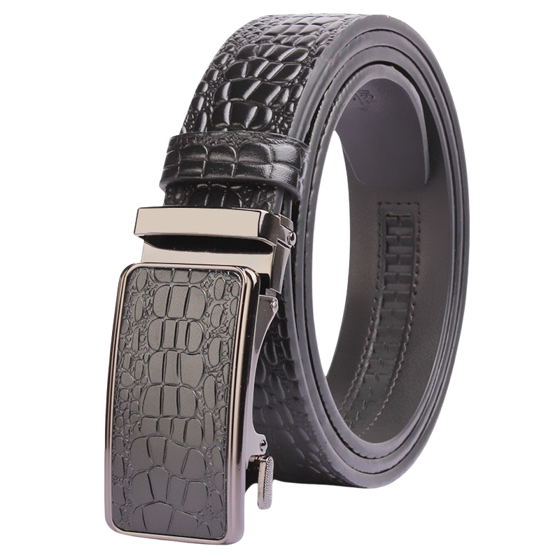 Ceinture homme Alban 4 noire en cuir pleine fleur avec boucle automatique argentée à effet crocodile embossé.