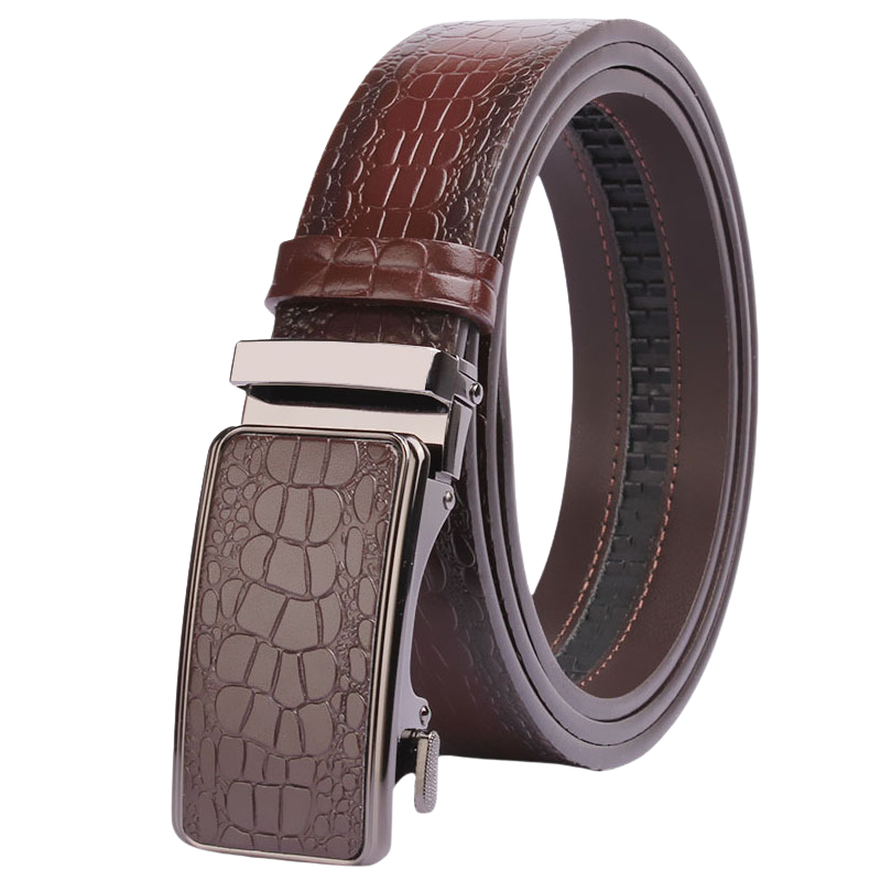Ceinture Alban 4 en cuir marron avec finition effet crocodile embossé et boucle automatique rectangulaire en alliage.