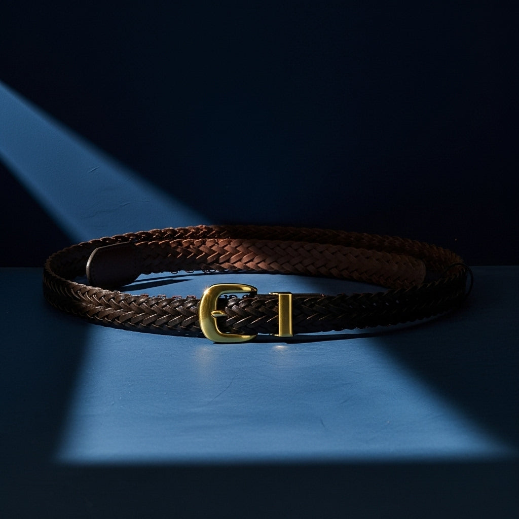 Ceinture Albane marron en simili cuir tressé fin avec boucle ardillon dorée arrondie #fullwidth