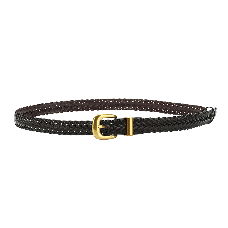 Ceinture femme Albane noire en simili cuir tressé avec boucle ardillon dorée.