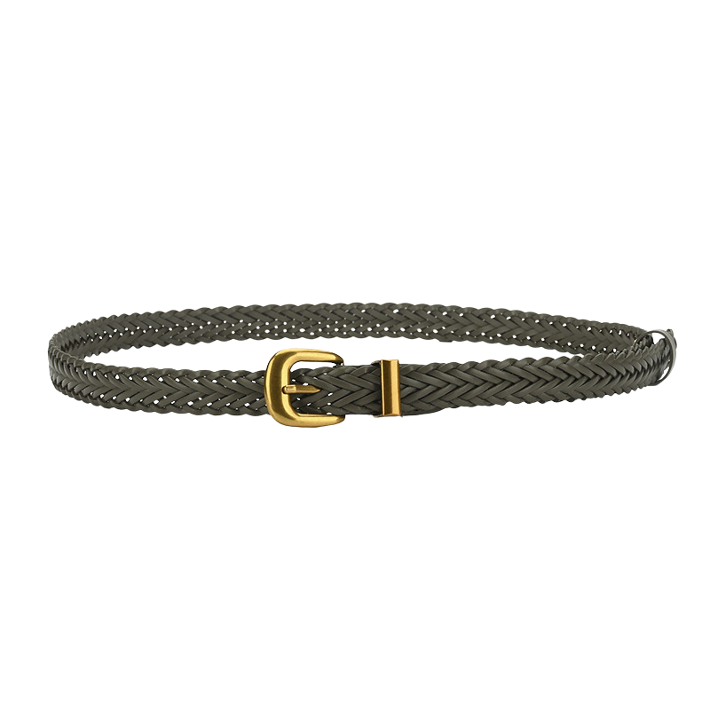 Ceinture femme Albane en simili cuir tressé vert foncé avec boucle ardillon dorée