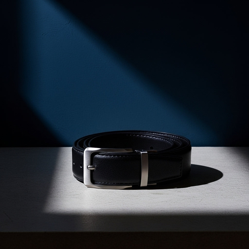 Ceinture Alexis 1 en cuir refendu grainé noir avec boucle ardillon réversible argentée et noire. #fullwidth