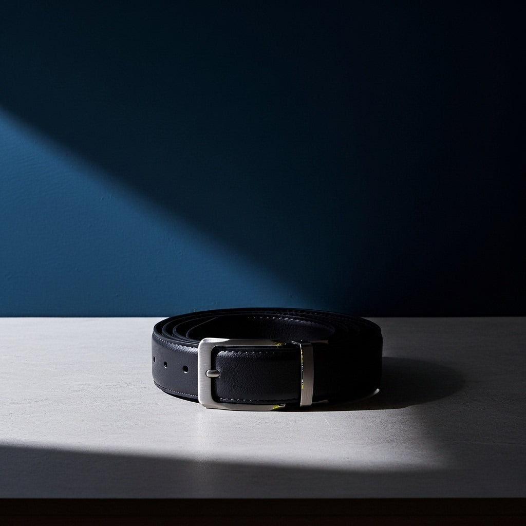 Ceinture Alexis 1 en cuir refendu grainé noir avec boucle ardillon argentée sur fond bleu #fullwidth