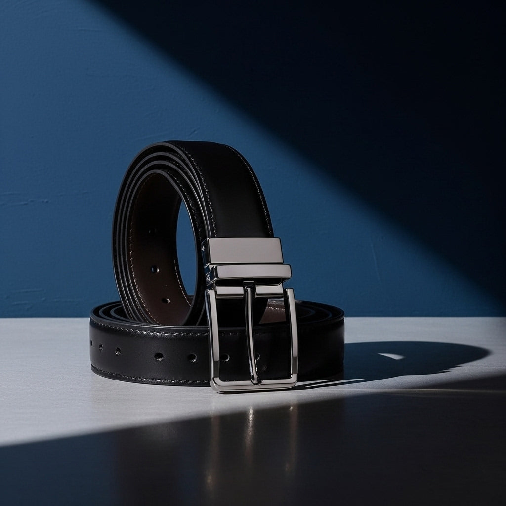 Ceinture Alexis 3 en cuir noir lisse avec boucle ardillon argentée et rotative, idéale pour homme et femme. #fullwidth