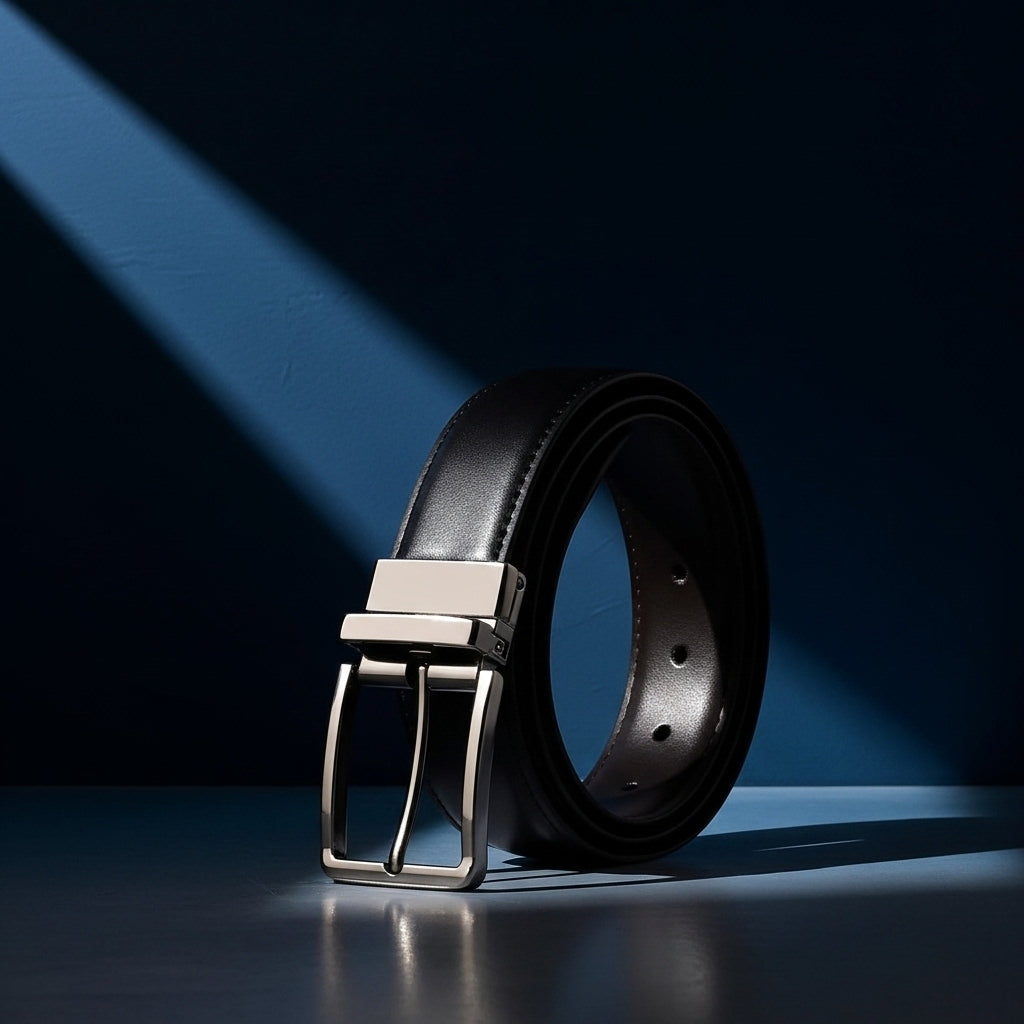 Ceinture Alexis 3 en cuir lisse noir avec boucle ardillon argentée rotative, idéale pour hommes et femmes. #fullwidth