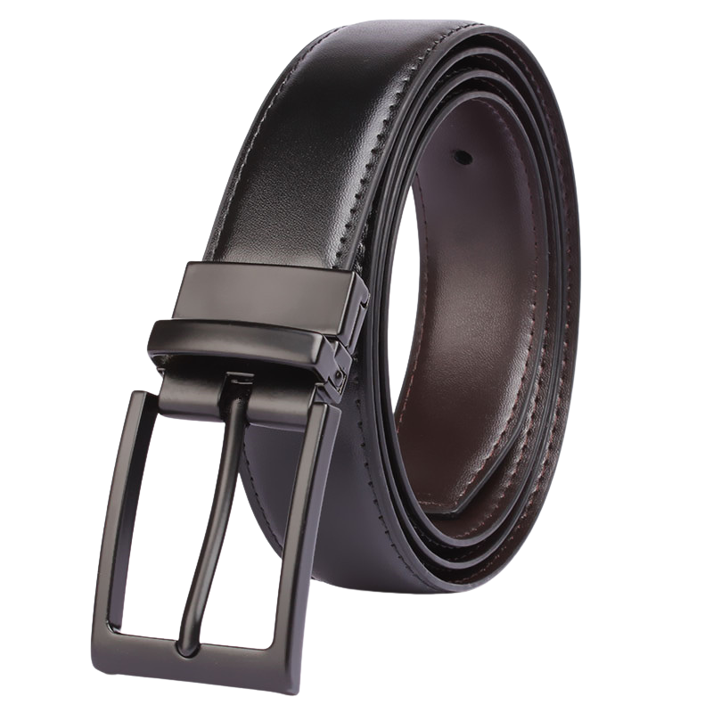 Ceinture réversible Alexis 3 en cuir lisse noir et marron foncé avec boucle ardillon rotative en métal gunmetal.