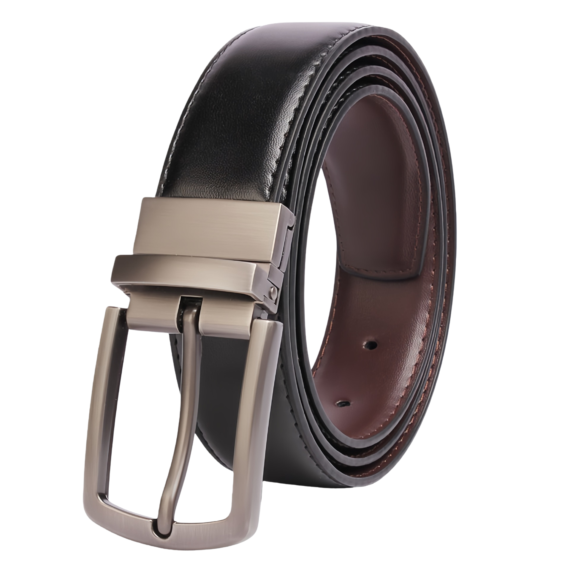 Ceinture Alexis 3 en cuir noir réversible avec boucle ardillon argentée rotative
