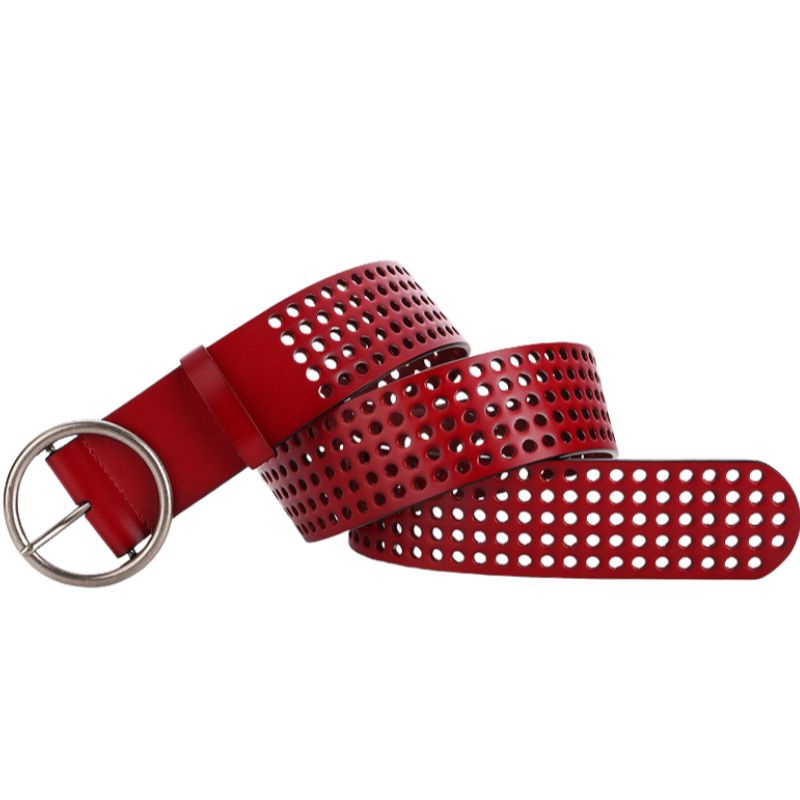 Ceinture en cuir rouge pour femme, modèle Alpes, avec un design perforé et une boucle ardillon ronde argentée vieillie.