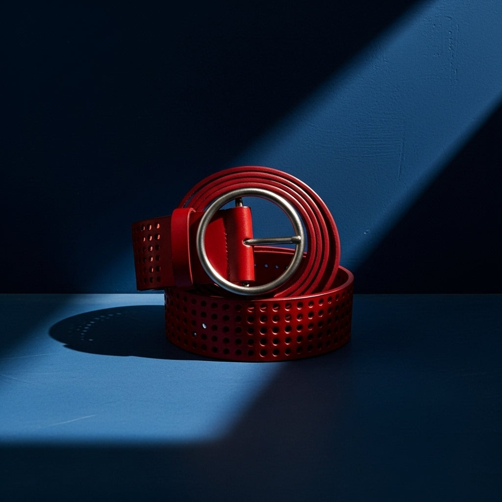 Ceinture en cuir rouge pour femme, modèle Alpes, avec un design perforé et une boucle argentée ronde. #fullwidth