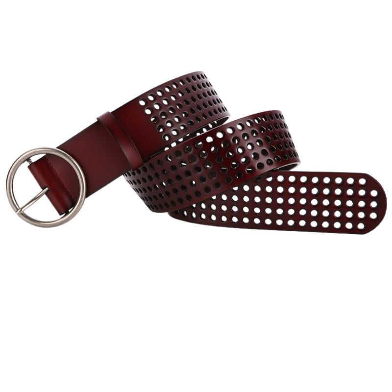 Ceinture femme Alpes en cuir marron foncé avec perforations et boucle argentée ronde.