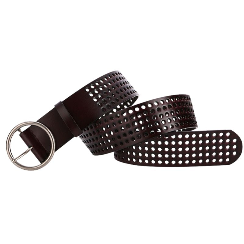 Ceinture pour femme Alpes en cuir marron foncé perforé avec boucle argentée ronde