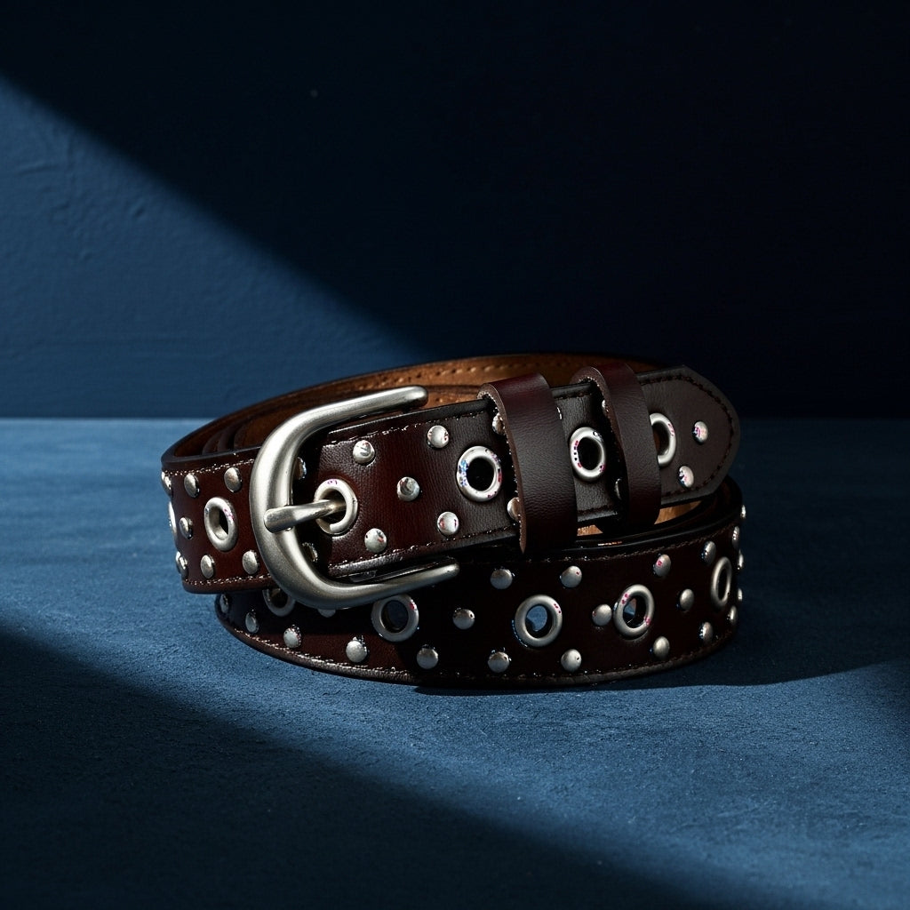 Ceinture Amandine marron en cuir refendu ornée de clous argentés et d'oeillets, boucle ardillon argentée. #fullwidth