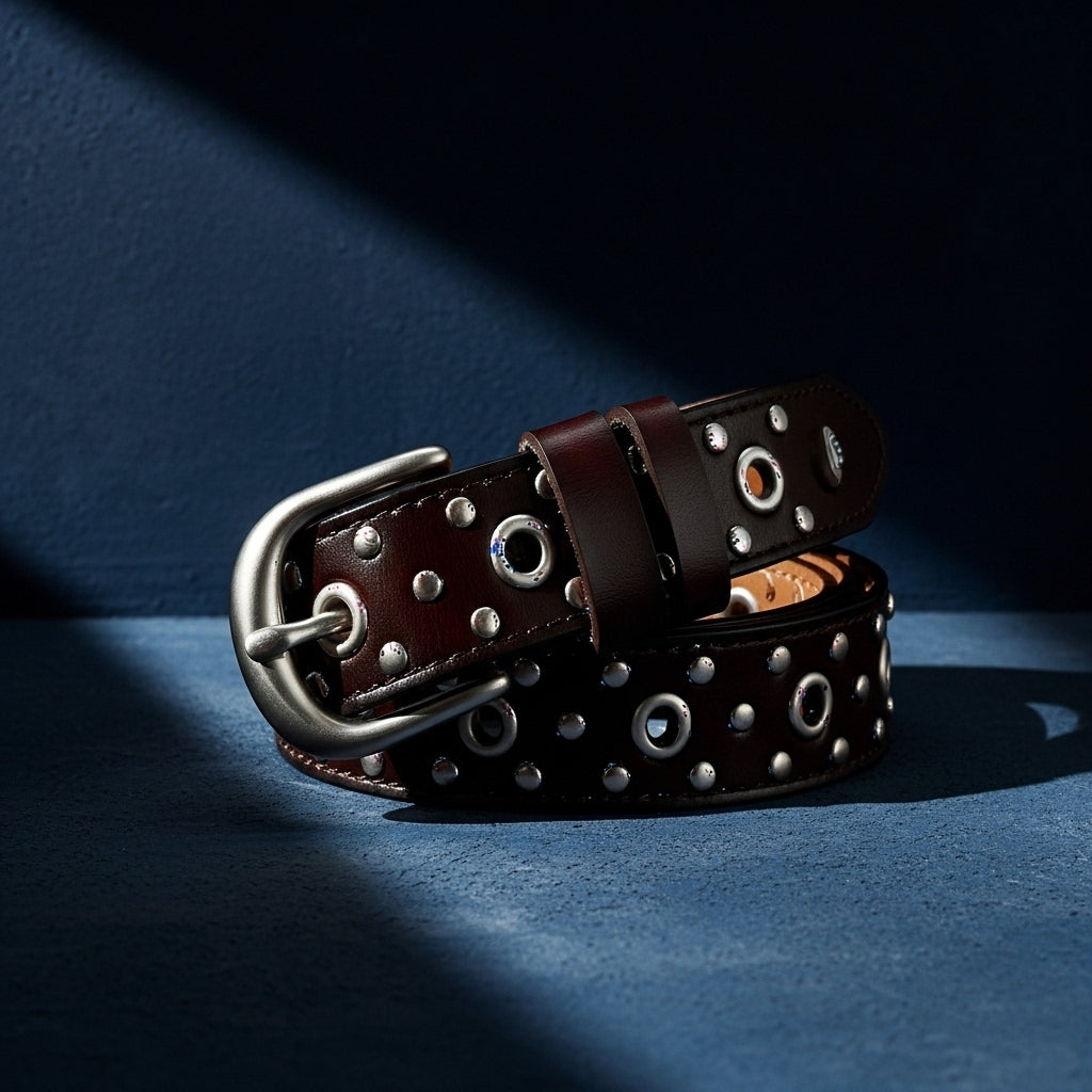 Ceinture Amandine marron en cuir de vachette refendu, cloutée de petits œillets argentés et d’une boucle ardillon argentée arrondie. Style punk et rock. #fullwidth