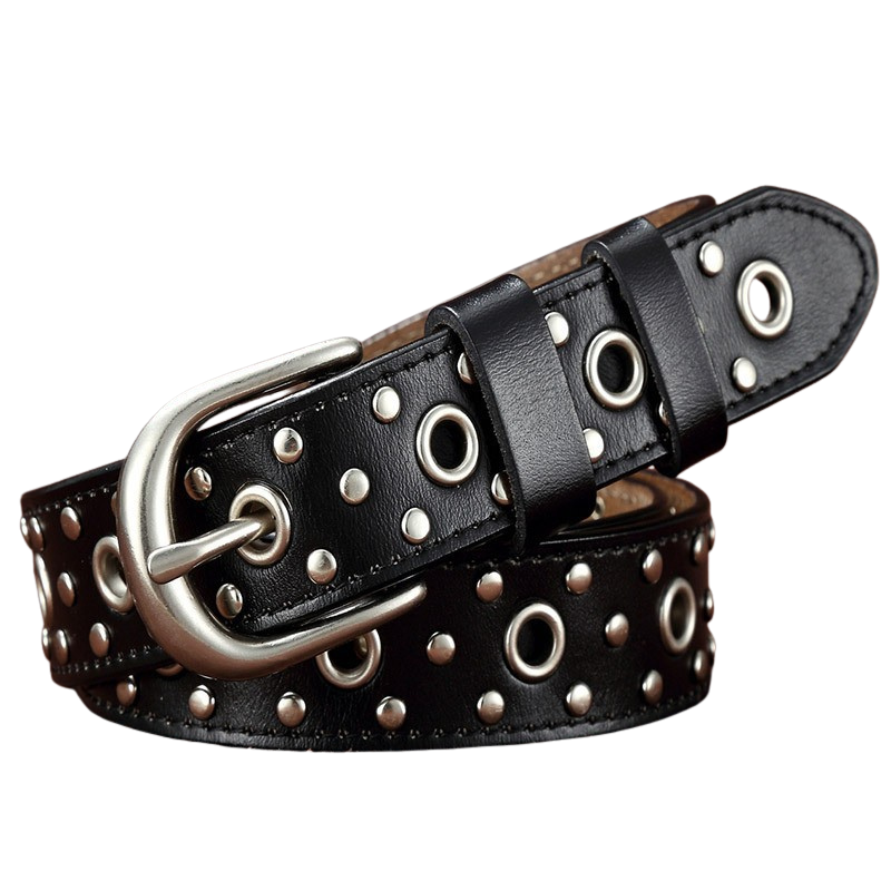 Ceinture noire Amandine en cuir clouté avec œillets métalliques et boucle argentée