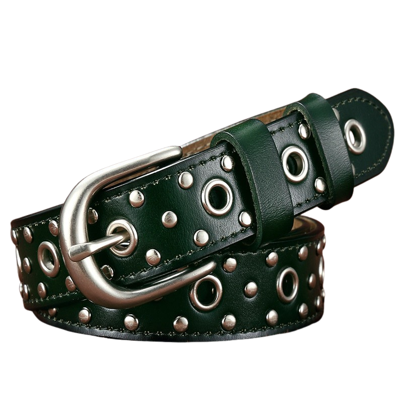 Ceinture femme Amandine en cuir de vachette vert foncé, ornée de clous argentés et d'œillets métalliques, avec boucle ardillon argentée.
