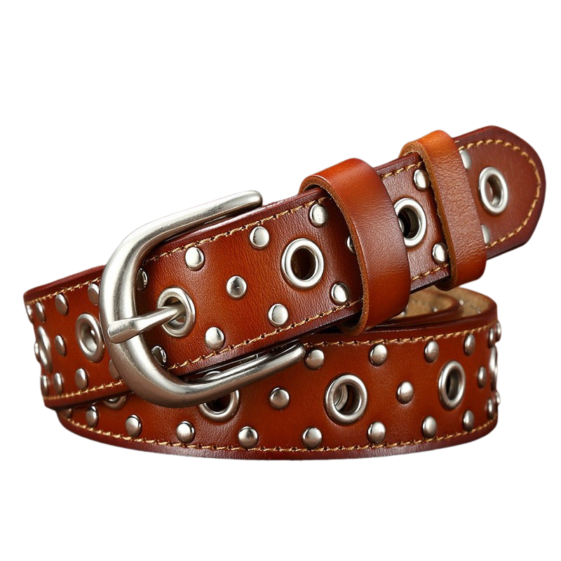 Ceinture femme Amandine en cuir marron avec clous argentés et boucle ardillon et boucle ronde
