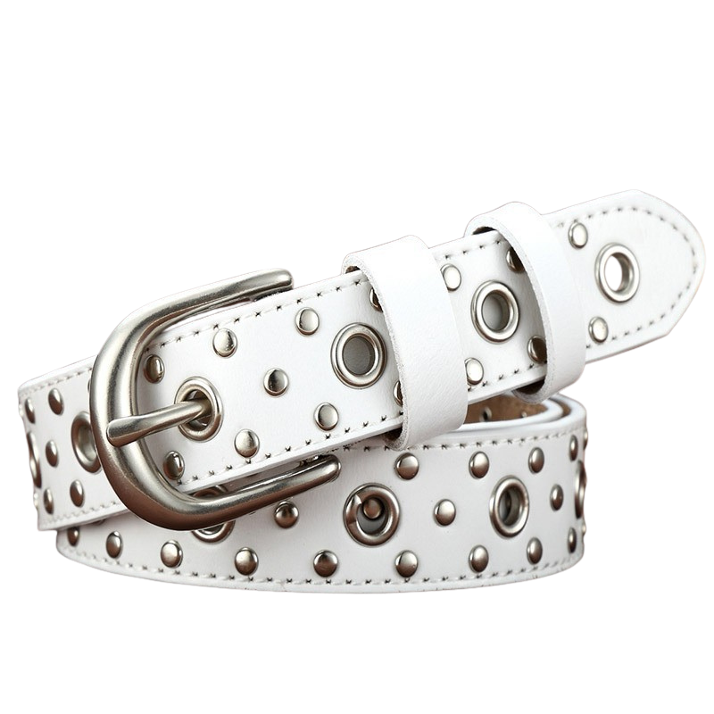 Ceinture blanche cloutée modèle Amandine avec boucle argentée et œillets métalliques