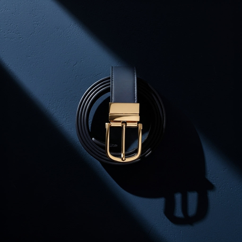 Ceinture homme Amaury 1 réversible bleu marine et noir avec boucle ardillon dorée, finition cuir texturé. #fullwidth
