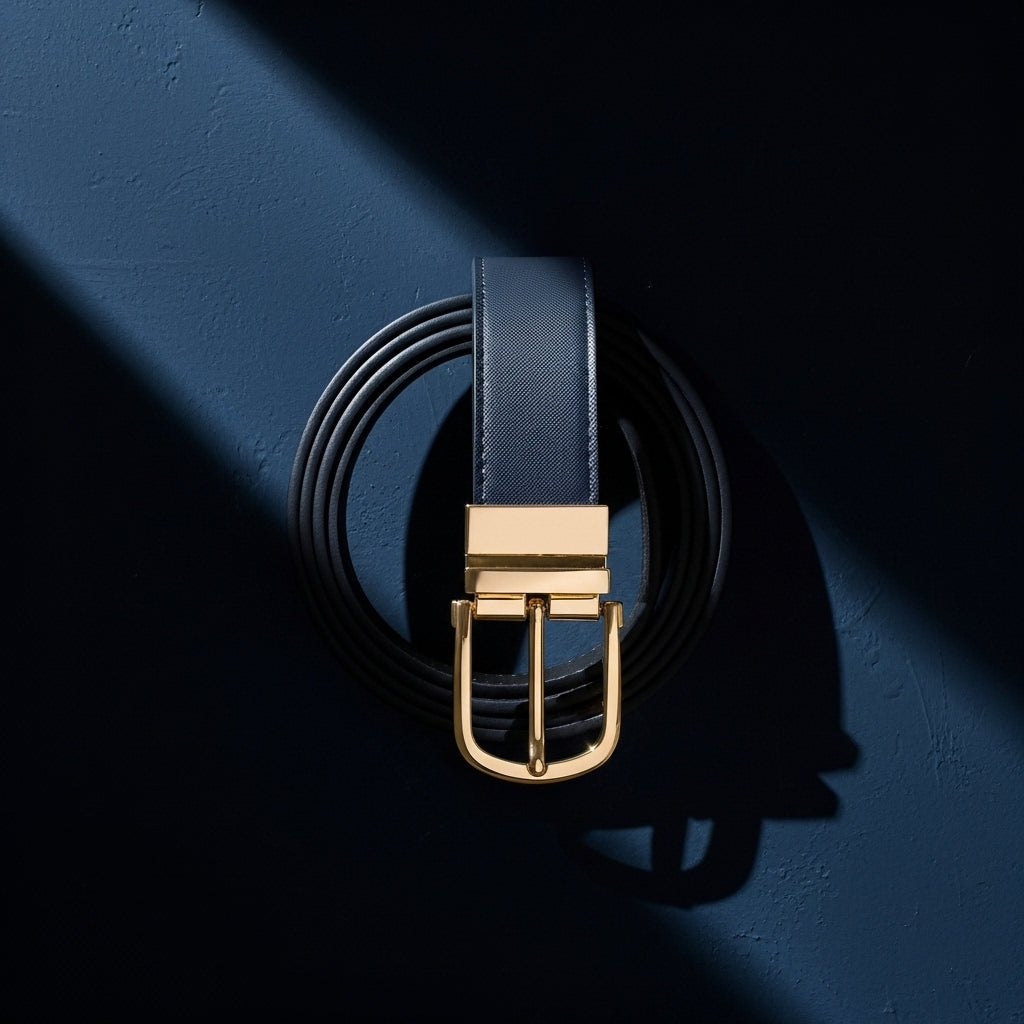 Ceinture homme Amaury 1 en cuir bleu marine texturé avec boucle ardillon dorée réversible. #fullwidth