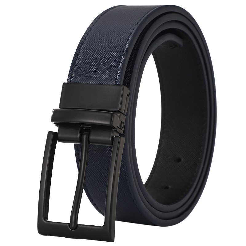 Ceinture homme Amaury 2, cuir bleu texturé, boucle ardillon noir, système rotatif 360° pour alterner entre bleu et noir.