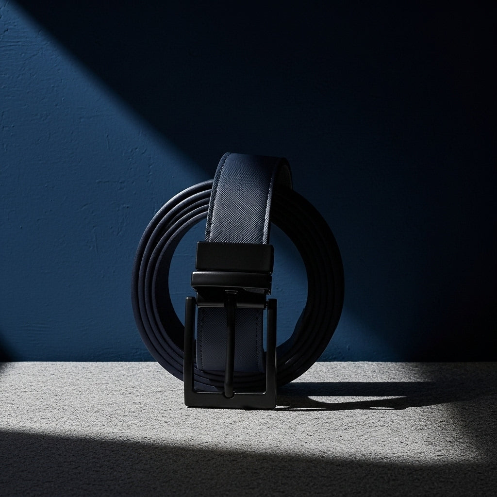Ceinture homme réversible Amaury 2 en cuir bleu marine avec boucle ardillon noire, largeur 3,5 cm, système rotatif à 360° #fullwidth