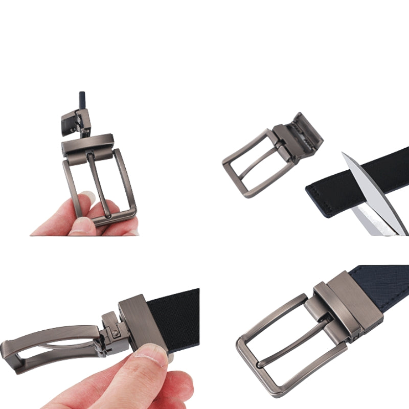 Ceinture homme Amaury 2 avec boucle ardillon réversible en métal brossé et lanière en cuir texturé, montrant le système de rotation à 360°.