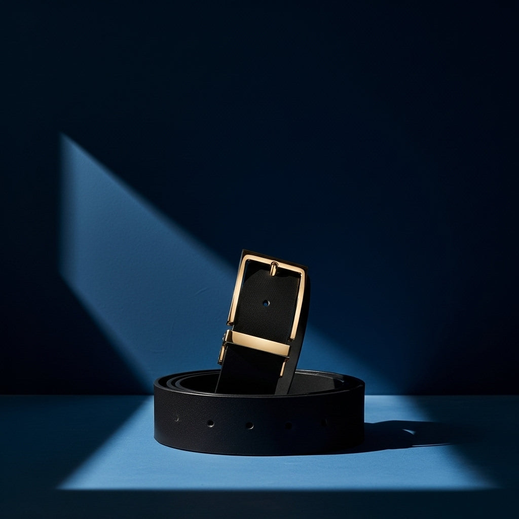 Ceinture homme Amaury 3 noire en cuir refendu lisse avec boucle ardillon dorée, présentation sur fond bleu #fullwidth