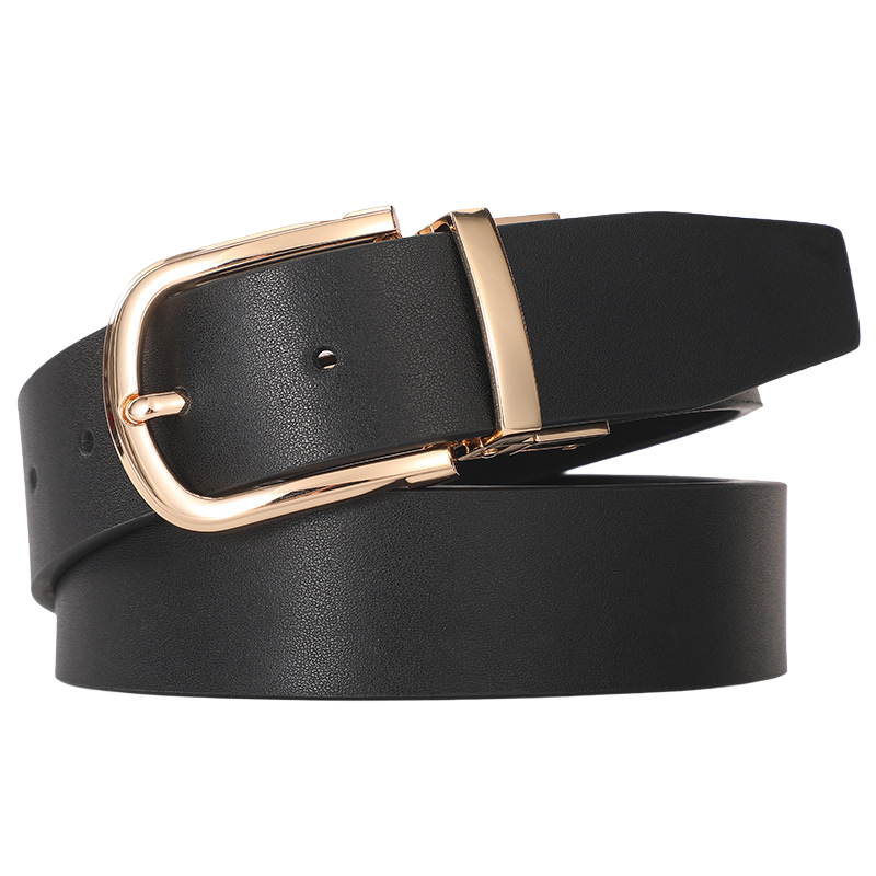 Ceinture femme Amaury 4 en cuir noir lisse avec boucle ardillon dorée, largeur 3,5 cm et longueur ajustable 120 cm.