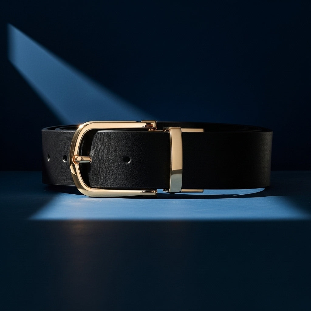 Ceinture noire Amaury 4 en cuir refendu lisse avec boucle ardillon dorée et finition élégante, largeur 3,5 cm, longueur ajustable à 120 cm. #fullwidth