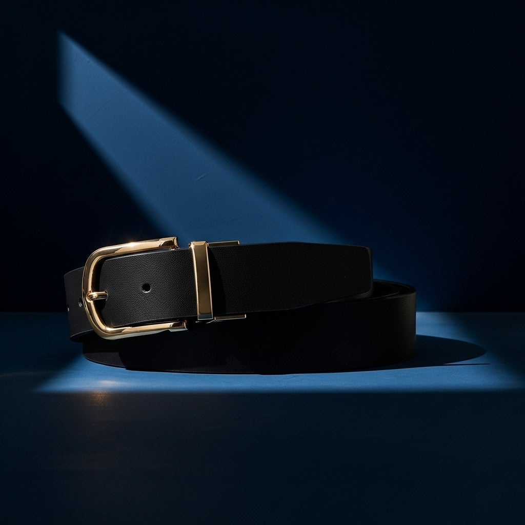 Ceinture Amaury 4 noire en cuir refendu lisse avec boucle ardillon dorée et passant métallique, largeur de 3,5 cm. #fullwidth