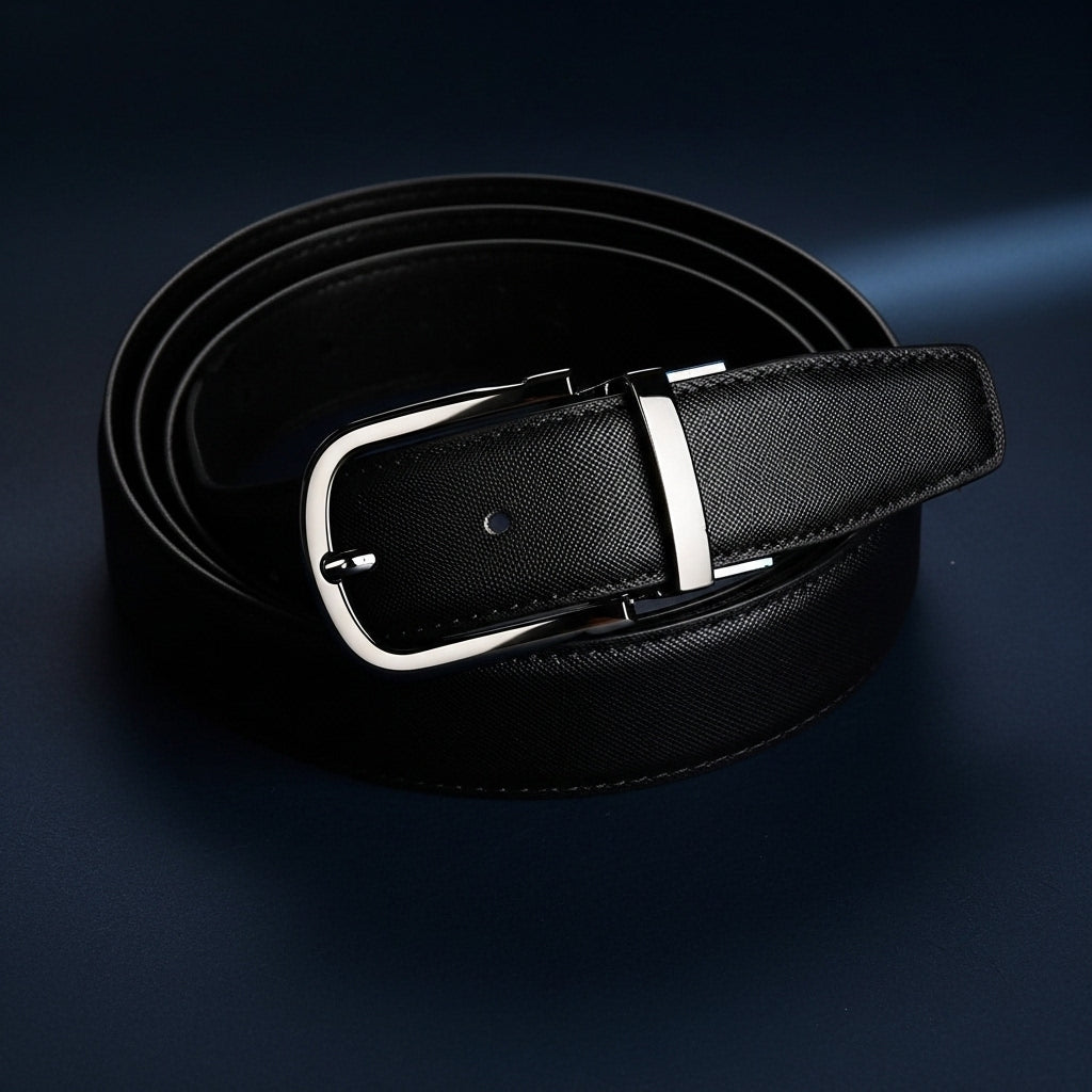 Ceinture noire Amaury 5 en cuir refendu texturé avec boucle ardillon en métal argenté #fullwidth